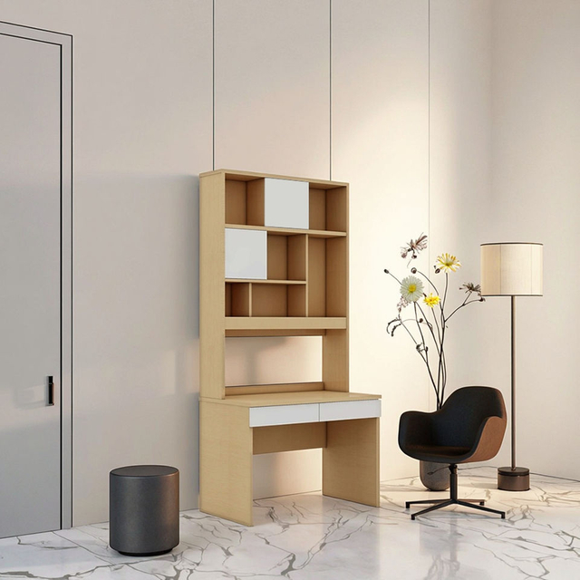 Descubra de estudo de acabamento em madeira personalizada com prateleira de armazenamento para apartamentos multifuncionais