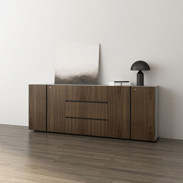 E0 Grade de alta densidade de partículas modernas escritórios práticos Wood Sala de armazenamento Arquivo de arquivo com 4 portas de dobradiça 3 gavetas
