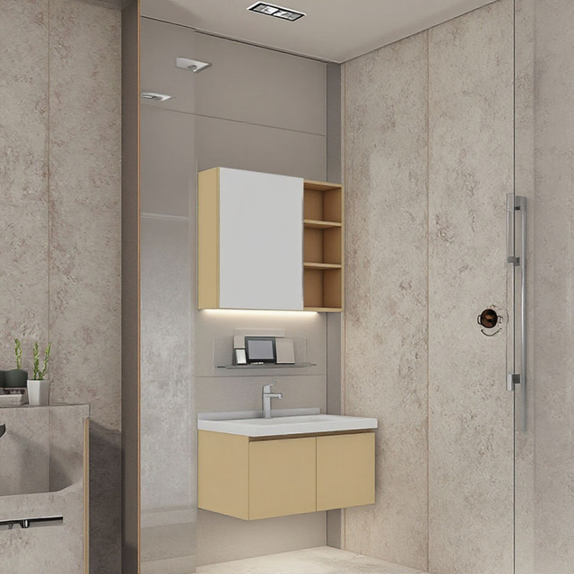 Renovação moderna do banheiro doméstico por proprietários de imóveis e designers de interiores Vaidade do banheiro de madeira com gavetas de close macio