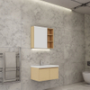 Renovação moderna do banheiro doméstico por proprietários de imóveis e designers de interiores Vaidade do banheiro de madeira com gavetas de close macio